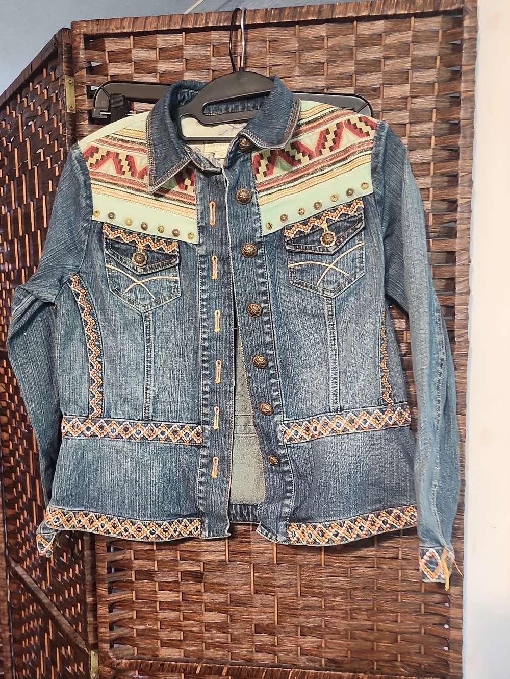 Coldwater Creek Blue Denim Jacket with Embroidered Southwestern Design
